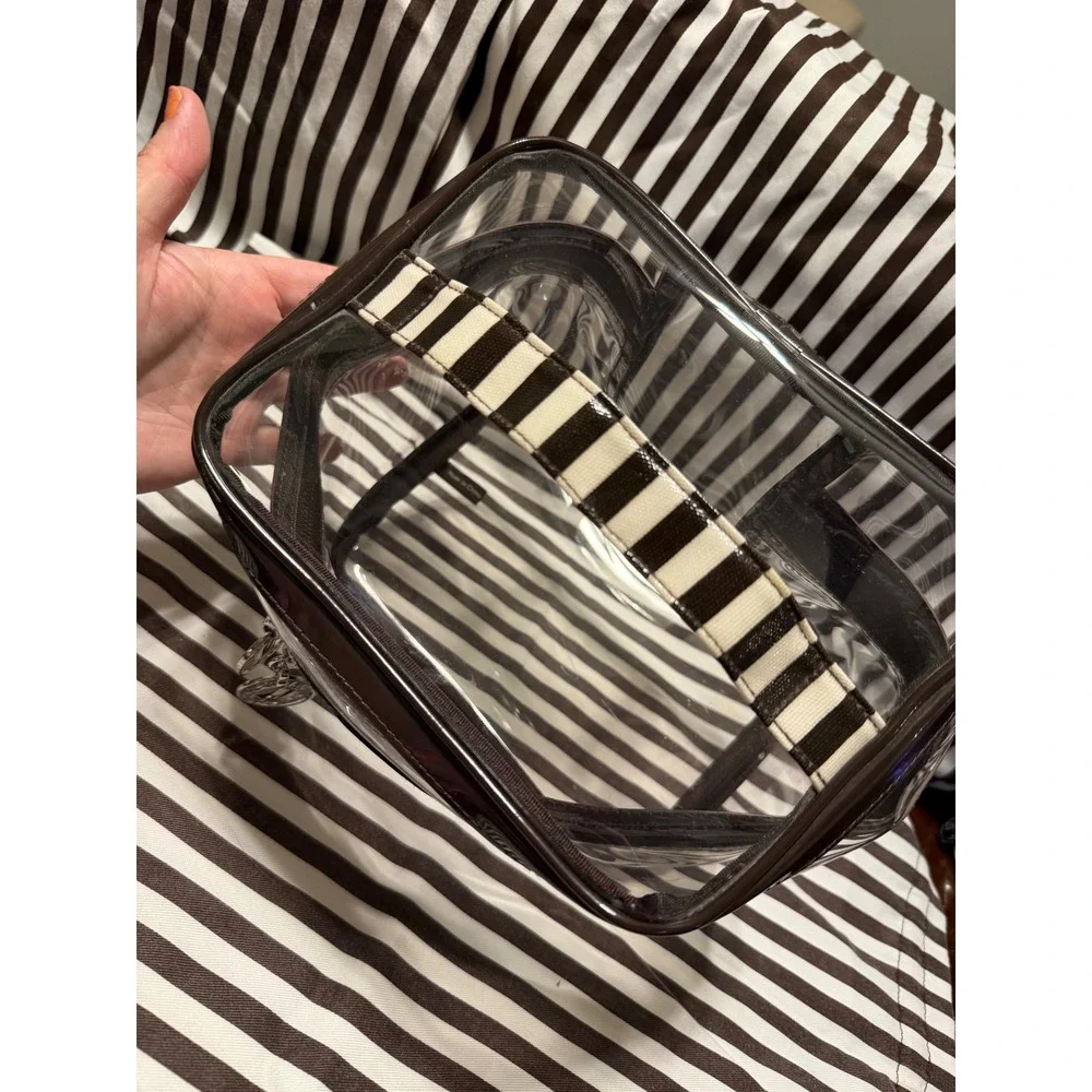Henri Bendel Clear 3 Piece Cosmetic Case Set Brown White Striped Travel Bag